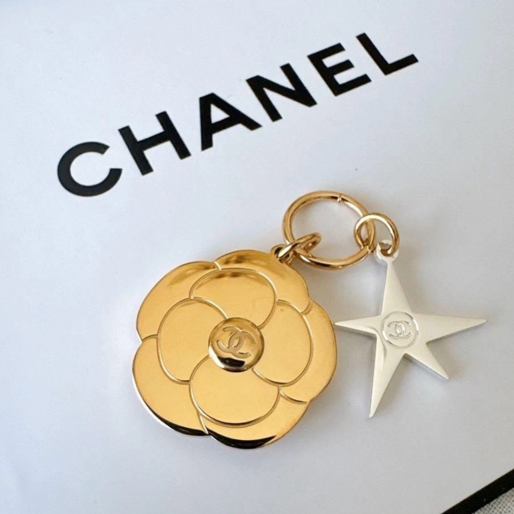 Chanel Gold Camellia and Silver Star Charm With Box